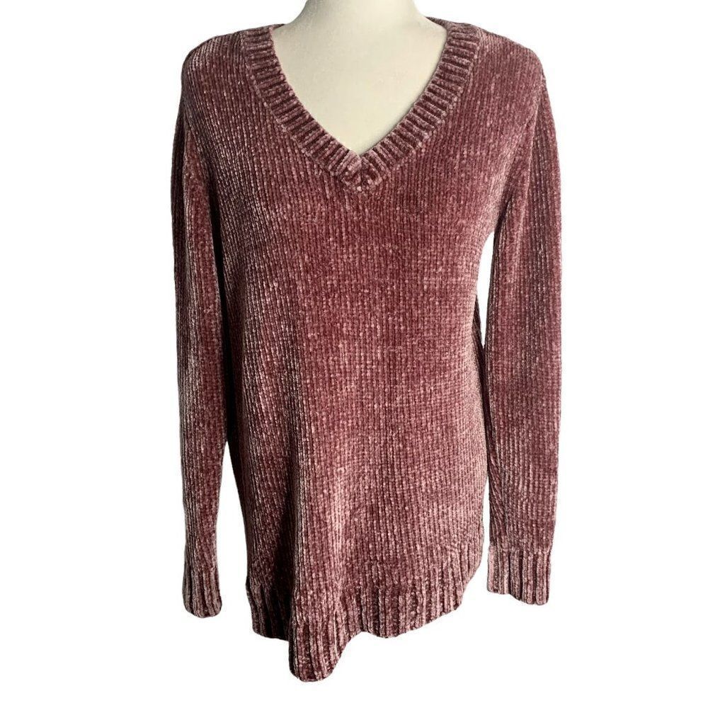 Orvis Velvety Chenille Pullover Sweater M Purple Knit V Neck Ribbed Knit Trim